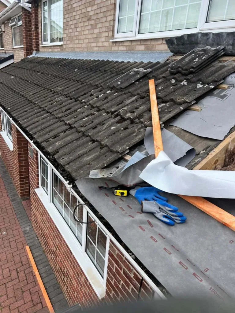 This is a photo of a pitched roof which is being repaired. The existing roof was leaking badly. Works carried out by Cottenham Roofing Repairs